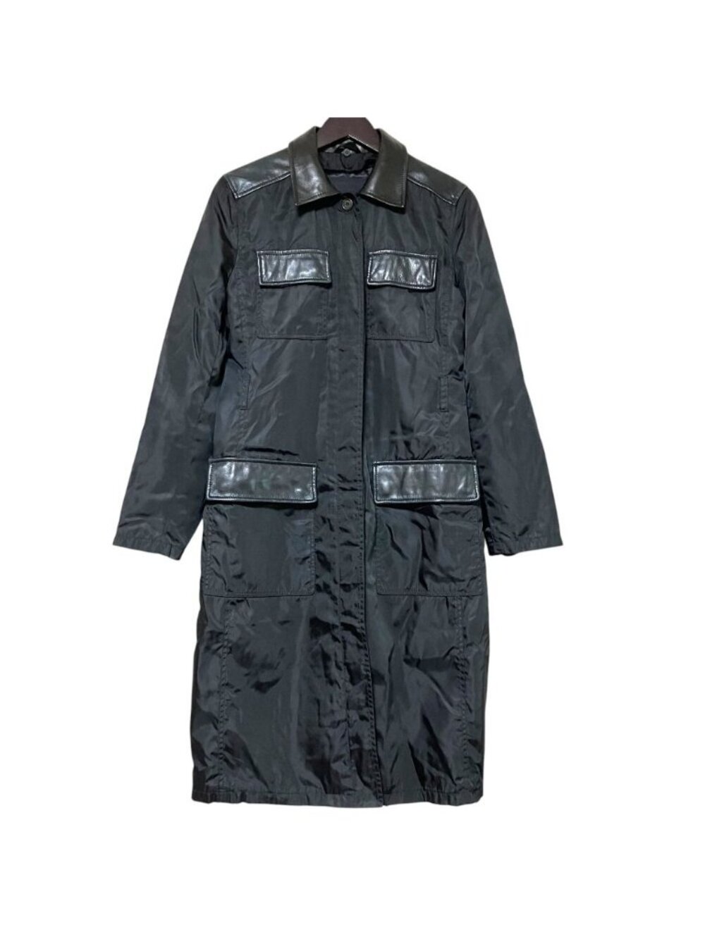 Prada Vintage Leather Trim Padded Liner Nylon Coat S Black